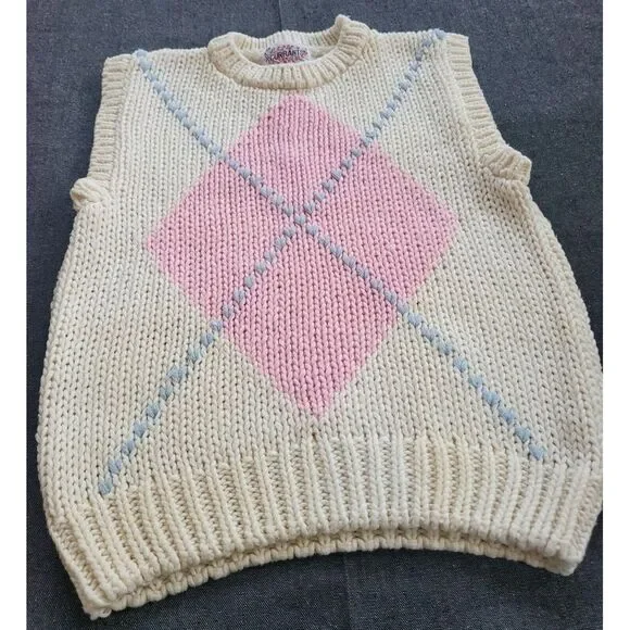 Vintage 60s 70s Ivory White Pink Sweater Vest Argyle Size XS/S Mod Coquette - Picture 2 of 11